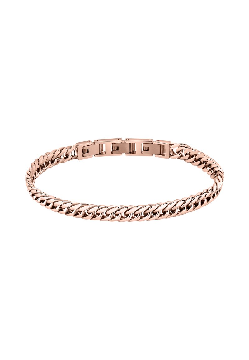 Bracciale in oro rosa con anelli intrecciati, caratterizzato da una superficie liscia e lucida e un design della chiusura sicuro. Elegante motivo a catena in tutto il bracciale.