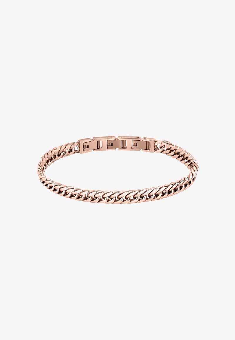 Bracciale in oro rosa con anelli intrecciati, caratterizzato da una superficie liscia e lucida e un design della chiusura sicuro. Elegante motivo a catena in tutto il bracciale.