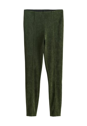 Green corduroy leggings with a snug fit, featuring a high waistband and vertical seam details for added texture.
