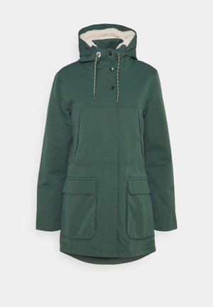 Zielony zimowy płaszcz z kapturem, guzikami z przodu, ściągaczem przy kapturze, dwoma dużymi przednimi kieszeniami i podszewką z polaru wewnątrz kaptura.