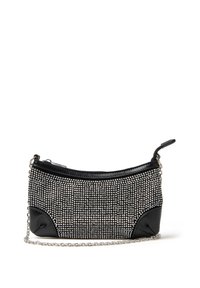 Borsa da sera nera con una tracolla in catena argentata, decorata con strass sulla parte anteriore, con un fondo in pelle liscia e chiusura a zip.