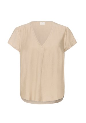 Blusa beige a maniche corte con scollatura a V, caratterizzata da una sottile trama e una forma ad A, con orlo curvo sul retro.