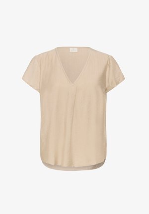 Beige short-sleeve blouse with a V-neckline, featuring a subtle texture and an A-line shape, with a curved hem at the back.