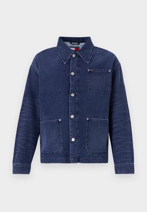Denim jacket with a dark blue color, button-up front, and two front pockets. Features a collared neckline and subtle stitching details.