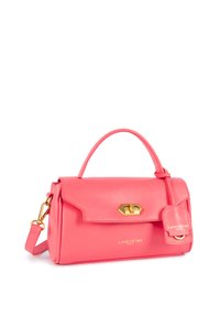 Borsa a mano in pelle rosa con forma strutturata, manico superiore e tracolla staccabile. Caratterizzata da dettagli in oro e un'etichetta per bagagli.