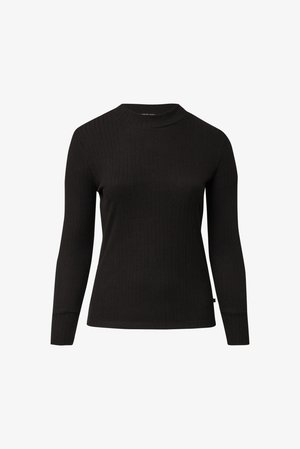 Black ribbed long-sleeve sweater with a fitted shape, high neckline, and seamless cuffs, crafted from a soft, stretchy material.