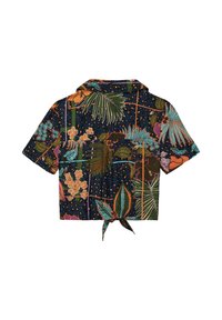 Kurzärmliges, cropped Shirt mit dunklem Hintergrund, das lebendige Blumen- und Blattmuster in Grün, Orange und Blau zeigt. Bindeband am Saum.