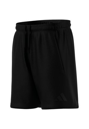 Černé sportovní šortky s elastickým pasem, stahovací šňůrkou, bočními kapsami a nenápadným logem Adidas na spodní levé noze.