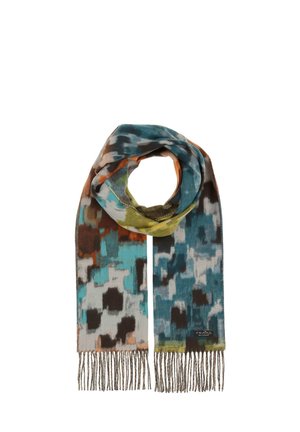 Écharpe à motifs présentant des nuances de bleu, de vert, d'orange et de gris. Fabriquée en tissu doux avec des extrémités frangées et un design abstrait.
