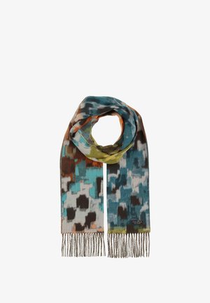 Šál so vzorom v odtieňoch modrej, zelenej, oranžovej a sivej. Vyrobený z mäkkej látky s strapcami a abstraktným dizajnom.