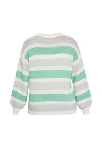 Maglione a righe in morbido tessuto a maglia. Presenta larghe righe turchesi, grigie e bianche, con una vestibilità rilassata e maniche a palloncino. Vista posteriore.