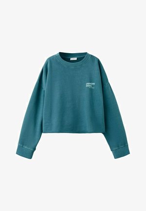 Teal cropped sweatshirt med lange ærmer og ribbet kant, med lille hvid tekst "UNKNOWN SIGNAL" på venstre bryst.