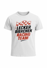 White cotton t-shirt featuring a graphic print with a red and white checkered racing flag and the text "LECKER BIERCHEN RACING TEAM" in black and red.