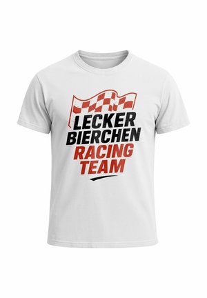 White cotton t-shirt featuring a graphic print with a red and white checkered racing flag and the text "LECKER BIERCHEN RACING TEAM" in black and red.