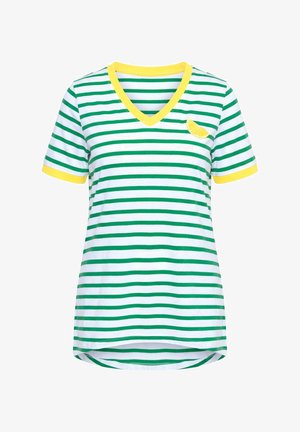Weißes kurzärmeliges V-Ausschnitt-Shirt mit grünen horizontalen Streifen, gelbem Besatz am Kragen und an den Ärmeln sowie einem kleinen Zitronenscheiben-Patch auf der Brust.