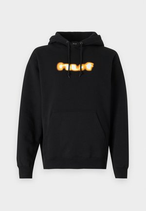Black hoodie featuring a front kangaroo pocket, adjustable drawstring hood, and bright orange logo with a dotted pattern across the chest.