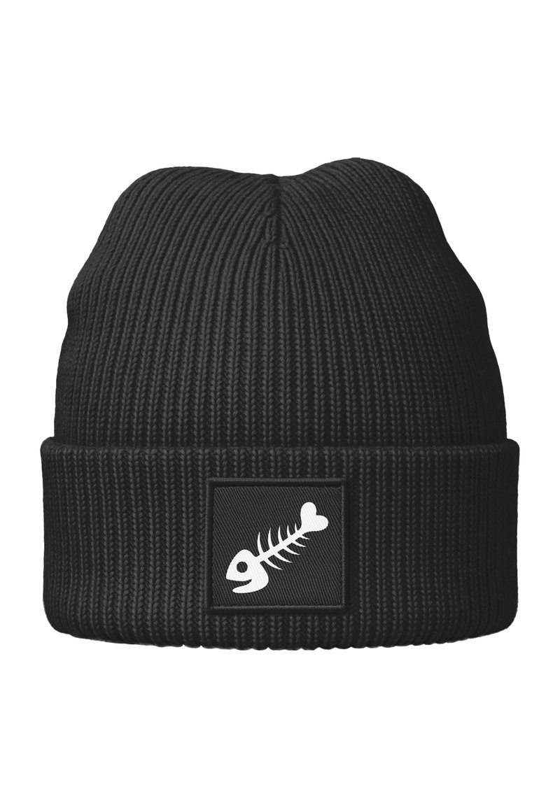 Black knit beanie with a ribbed texture, featuring a rectangular patch displaying a white fishbone graphic.