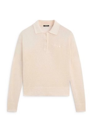 Lysebeige langærmet strikket polo-sweater med ribstrikkede ærmeafslutninger og kant, treknaps-åbning samt lille brystlomme med knap.