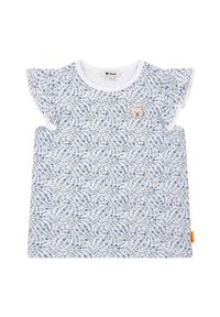 Camiseta de algodón con base blanca y patrón floral azul, con mangas con volantes y un parche de oso en el pecho.