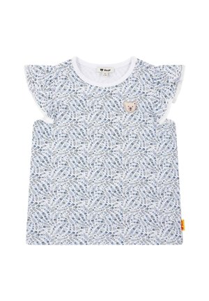 Baumwoll-T-Shirt mit weißem Grund und blauem Blumenmuster, mit Rüschenärmeln und einem Bären-Patch auf der Brust.