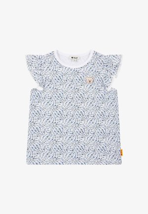 Katoenen T-shirt met een witte basis en een blauw bloemenpatroon, voorzien van ruches aan de mouwen en een berenpatch op de borst.