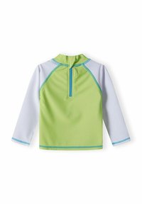 Rashguard à manches longues présentant un schéma de couleurs vert et blanc, avec des coutures bleues contrastantes et une fermeture éclair au dos.