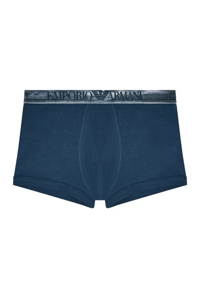 Marineblaue Herrenboxershorts von Emporio Armani mit elastischem Bund, der den Markennamen und das Logo in verblasstem Grau zeigt.