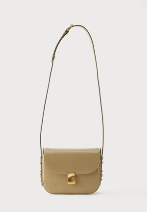 Piccola borsa a tracolla in pelle beige con tracolla regolabile e chiusura metallica color oro, mostrata su uno sfondo uniforme.