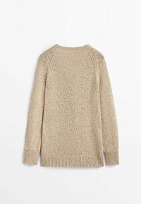 Beige knitted sweater with a textured finish, featuring long sleeves, a round neckline, and ribbed hem and cuffs. Simple and cozy design.