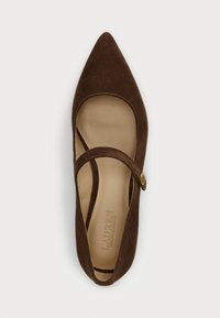 Brown suede flat shoe with a pointed toe, ankle strap, and circular gold accent, featuring a cushioned beige insole.