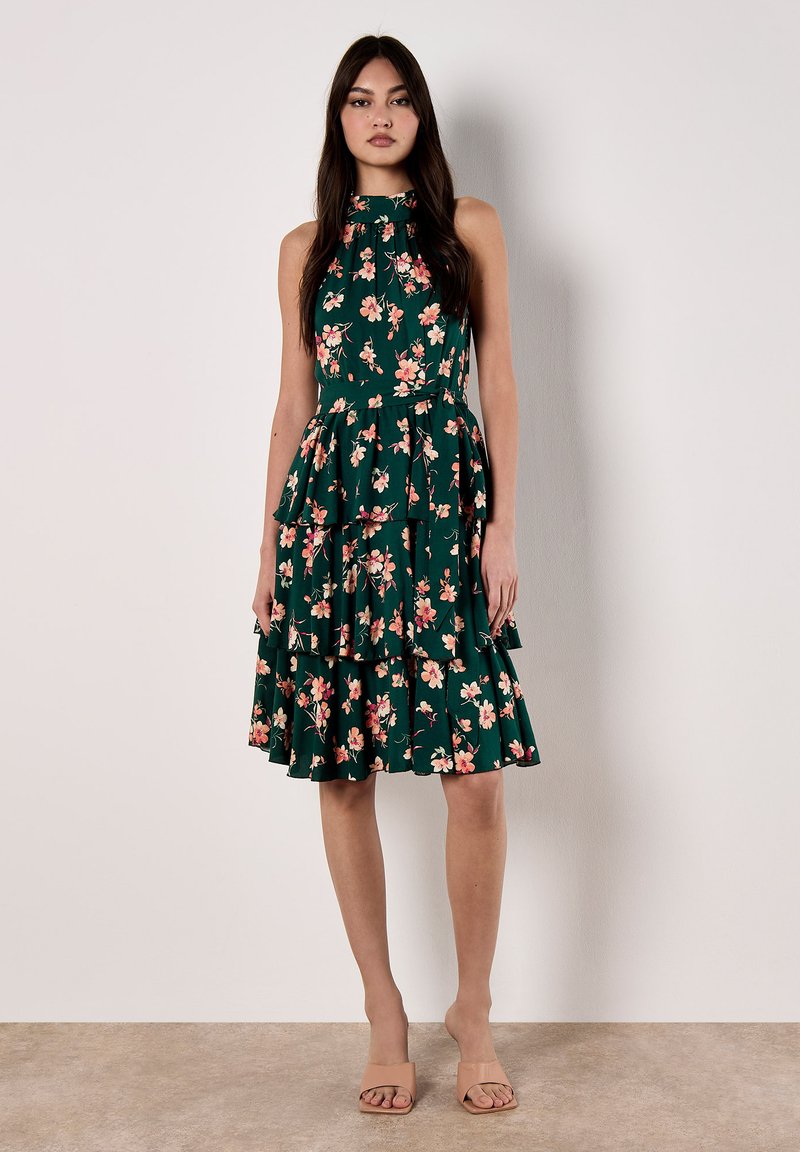 green emerald velvet dress Joie Puff Sleeve Shirred Dress Floral Print Apricot/Green main image 1