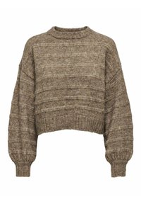 Pull cropped marron avec de longues manches amples. Motif tricoté texturé avec un ourlet et un col côtelés, mettant en valeur un mélange de fils clairs et foncés.
