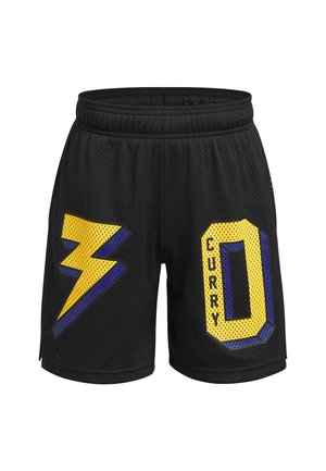 Schwarze Netz-Sportshorts mit einem großen gelben und lila Blitz auf dem linken Bein und einer 3D-gelben "0" mit dem Text "CURRY" auf dem rechten Bein.