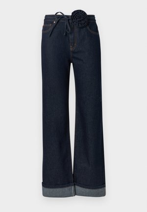 Donkerblauwe wijde jeans gemaakt van denim, met een taillekoord met een roosvormig accent en een omgeslagen zoom.