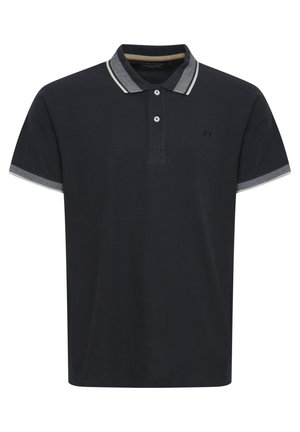 Navy polo shirt made of cotton, featuring a ribbed collar and cuffs with contrasting stripes and two buttons at the front placket.