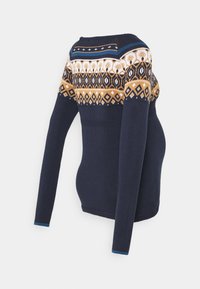 Mörkblå stickad tröja med långa ärmar, mönstrad ok i gräddfärgad, guld och blå. Har en rundad halsringning och en figursydd silhuett.