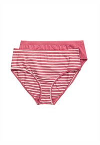 Two pairs of women’s underwear: one solid pink and one pink-striped with white stripes. Soft cotton material, elastic waistbands.