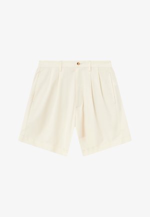 Pantalones cortos color crema con un diseño entallado, que presentan pliegues, bolsillos laterales y un cierre de botón en la parte frontal. Tejido suave y liviano.