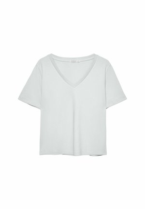 Jasnoszary T-shirt z krótkim rękawem i dekoltem w serek, wykonany z miękkiego materiału; charakteryzuje się luźnym krojem i starannym wykończeniem bez wzorów.