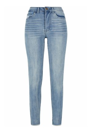 Light blue skinny jeans with a faded finish, featuring a fitted design, five pockets, and a frayed hem at the ankles.