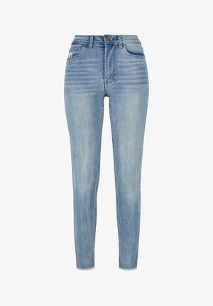 Heledad sinised kitsad teksad, millel on kulunud viimistlus, sobiv disain, viis taskut ja hõõrdunud ääred pahkluude juures.