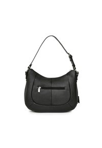 Borsa a spalla in pelle nera, design curvato, tracolla regolabile, tasca frontale con zip, superficie testurizzata e dettagli in metallo.