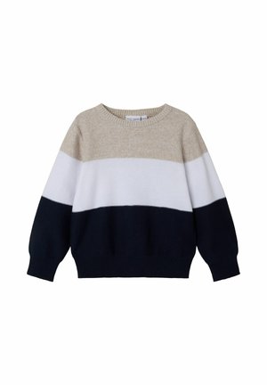 Pull en tricot rayé crème, blanc et marine avec un col rond et des poignets côtelés. Texture douce, coupe décontractée et blocs de couleur horizontaux.