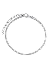 Bracciale in argento con maglie alternate lisce e texturizzate, dotato di chiusura a moschettone e catena di estensione regolabile per la misura.