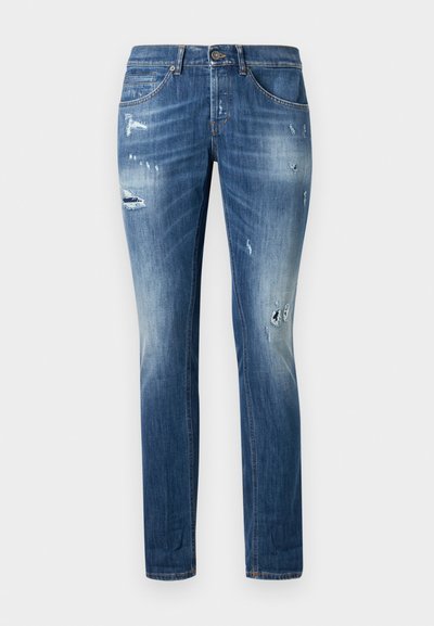 Jeans blu in denim, con una vestibilità slim, dettagli strappati, sbiaditi e un classico design a cinque tasche.