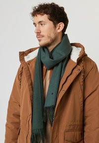 Bufanda verde de tela suave, con extremos con flecos, llevada sobre una chaqueta marrón con un cuello forrado de forro polar blanco.