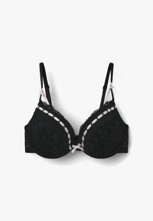Reggiseno in pizzo nero con coppe imbottite, caratterizzato da un design a onde, dettagli in raso rosa e spalline regolabili. Motivo di cucitura dettagliato lungo i bordi.