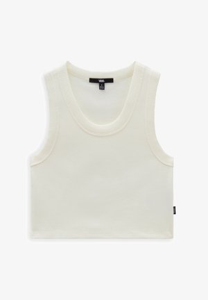 Top sin mangas blanco de canalé con escote amplio y aberturas para los brazos. Presenta una etiqueta de marca visible en el cuello y una etiqueta lateral con el nombre de la marca.