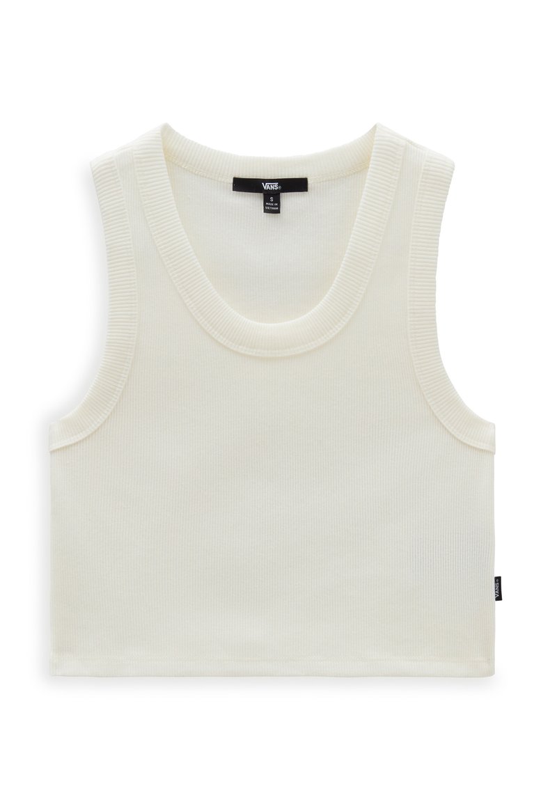 Top sin mangas blanco de canalé con escote amplio y aberturas para los brazos. Presenta una etiqueta de marca visible en el cuello y una etiqueta lateral con el nombre de la marca.
