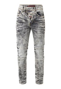 Schlanke, hellgraue Jeans mit einer ausgewaschenen Textur, die mehrere Taschen, markante Nähte und einen Knopfverschluss aufweisen.